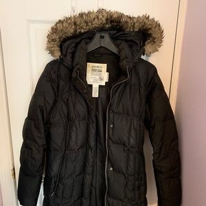 Eddie Bauer long black puffer coat goose down small petite